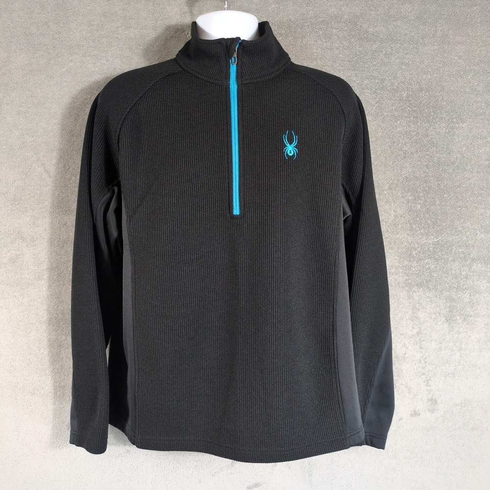Spyder Mens Black Teal Quarter Zip Fleece Pullover Sweater Large